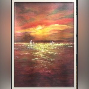 Original acrylic painting on watercolor paper. Sunset painting.